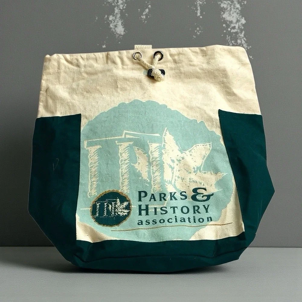 VTG 90s Parks &‎ History Association Canvas Tote Backpack Green Cotton Strap